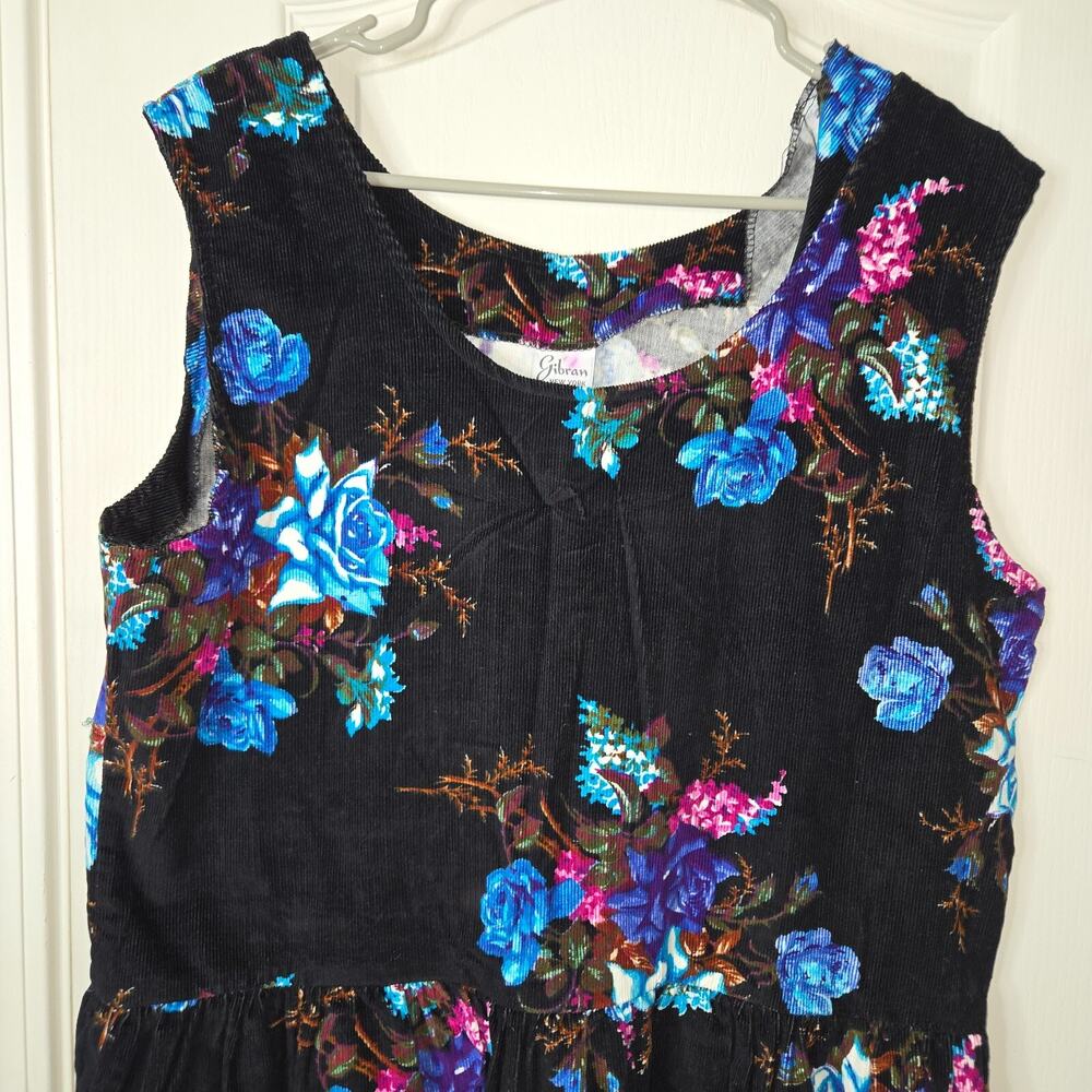 Gibran Corduroy Black Floral Maxi Dress Sleeveless Large 48" L x 42" W Vintage - Picture 3 of 9